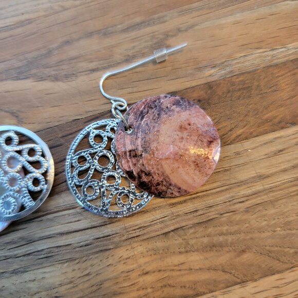 1" Round Metal & Shell Disc 2 Part Dangle Earrings - Picture 5 of 9